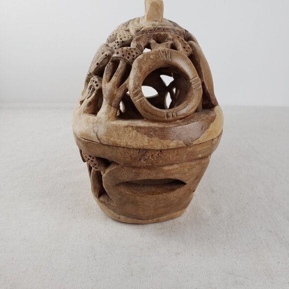 Folk Art Carved Wood Bread Basket Decor Box Wildlife Elephant Rhino Lion Safari - Picture 2 of 12